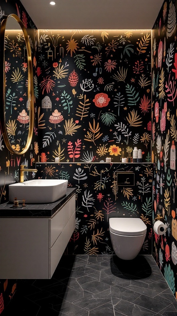 A bathroom with black wallpaper featuring colorful floral patterns, a modern sink, and gold accents.