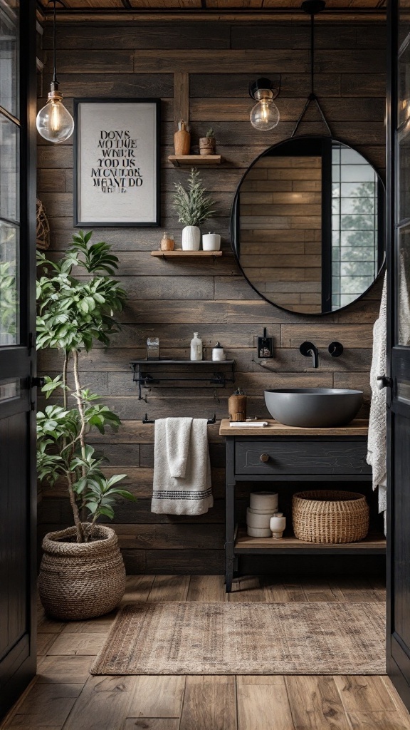 A rustic bathroom featuring black wooden walls, a round mirror, a modern sink, and greenery.