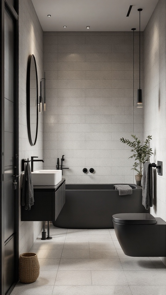 A modern bathroom featuring black fixtures, including a bathtub, toilet, and sink against light gray walls.