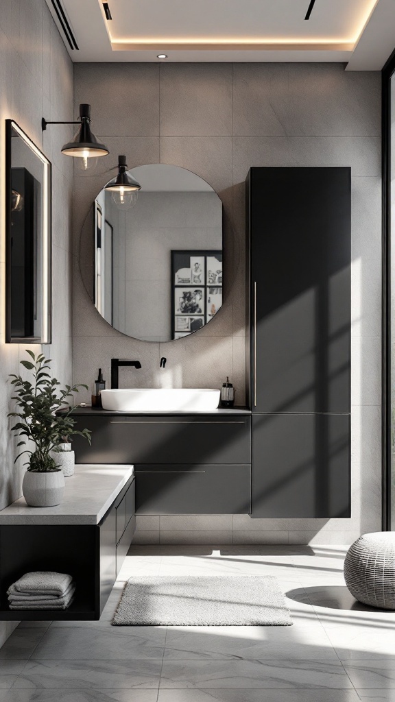 Modern bathroom featuring sleek black cabinets, a round mirror, and stylish lighting.