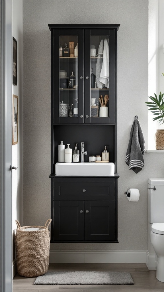 A small bathroom with black cabinets, showcasing organized storage and a sink.