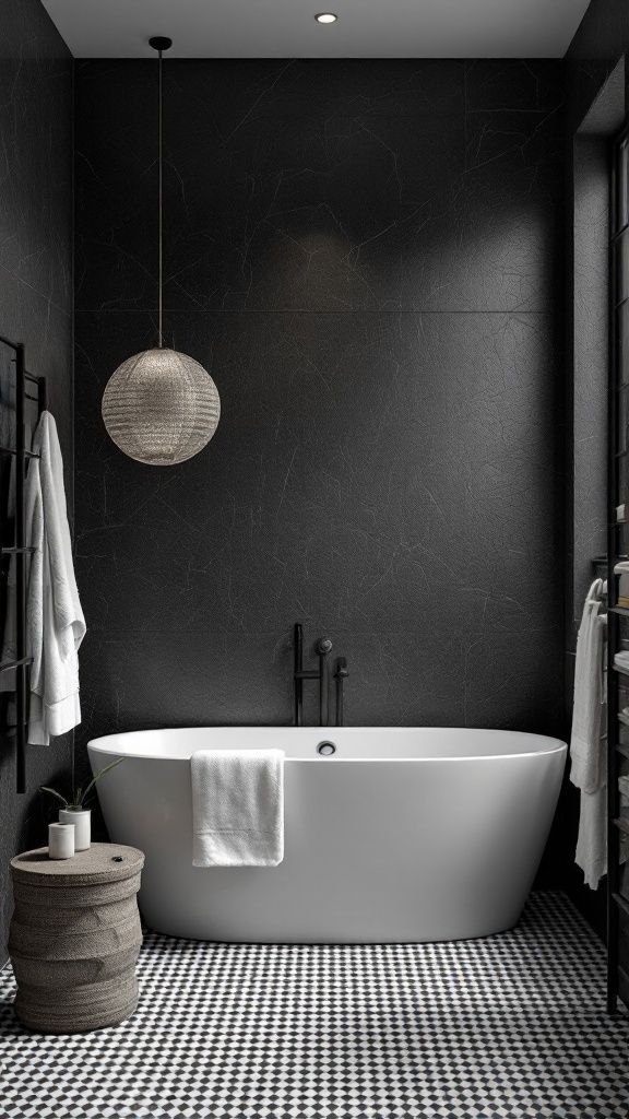 A stylish bathroom featuring textured black walls, a white bathtub, and modern decor