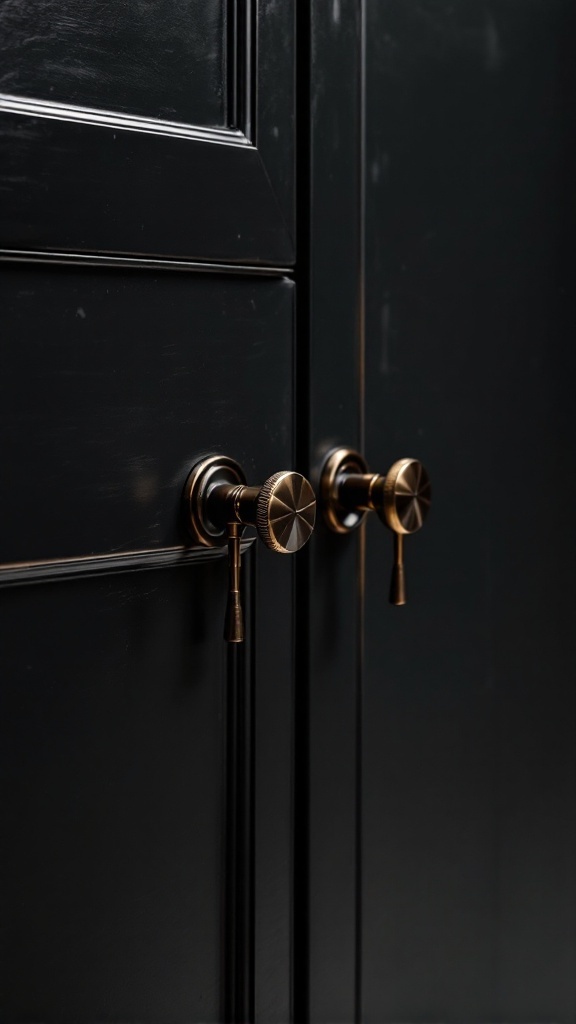 Close-up of black bathroom cabinet doors with vintage-style knobs