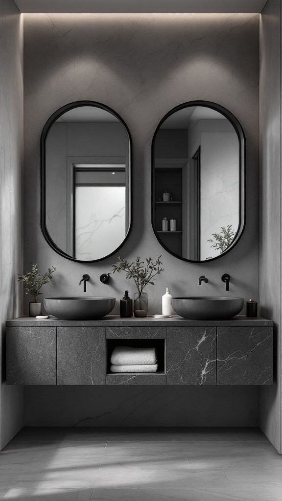 A stylish black and grey bathroom featuring black-framed mirrors above a dark sink with decorative plants.