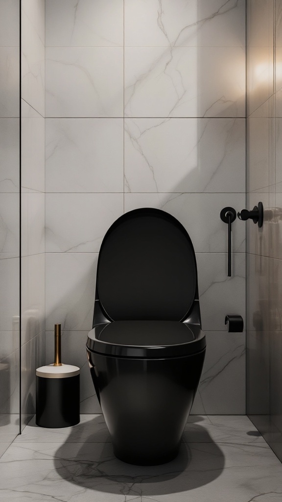 A modern black toilet against a light marble backdrop in a stylish bathroom