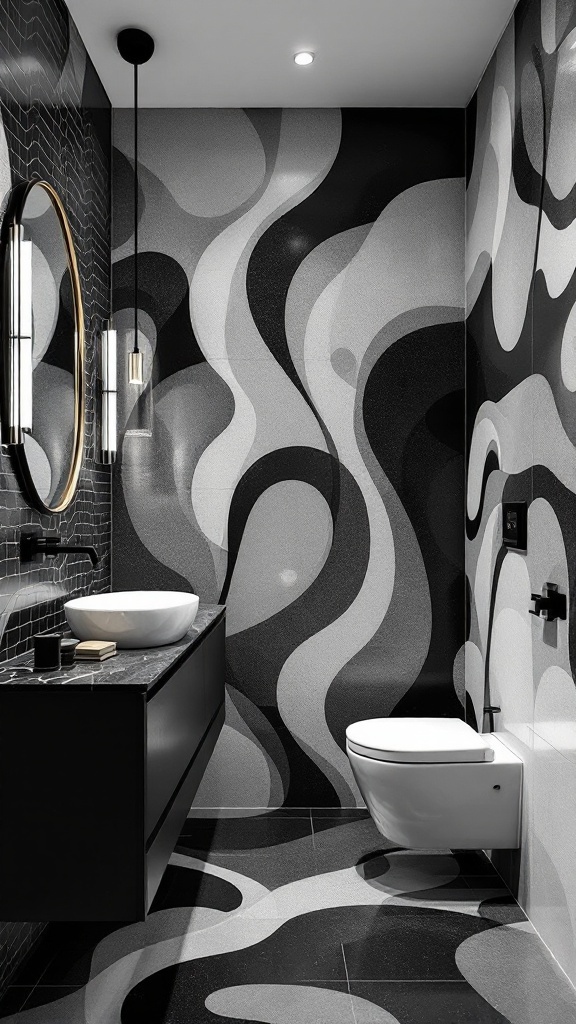 A modern bathroom with bold black and grey graphic patterns on the walls, featuring a round mirror, a sleek sink, and a minimalist design.