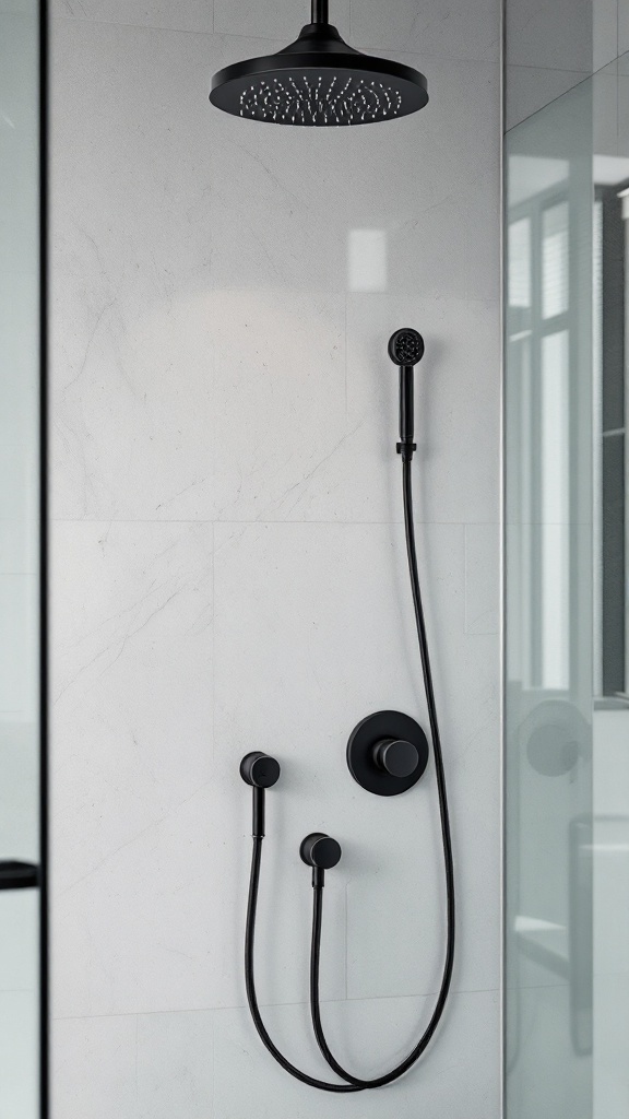 A modern bathroom featuring a matte black showerhead and controls against a light marble backdrop.