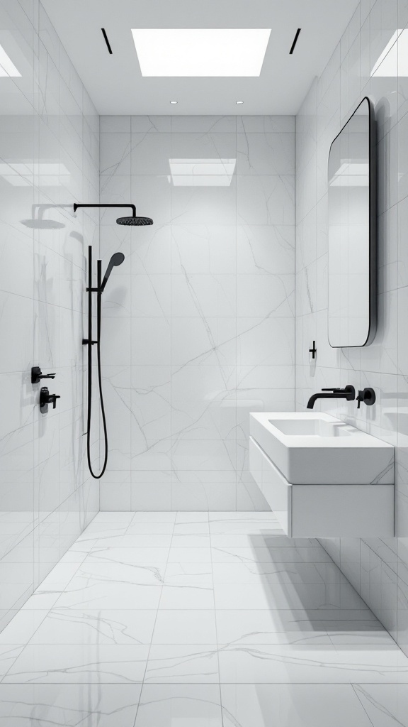 A modern bathroom featuring white tiles and black fixtures, showcasing a sleek design.