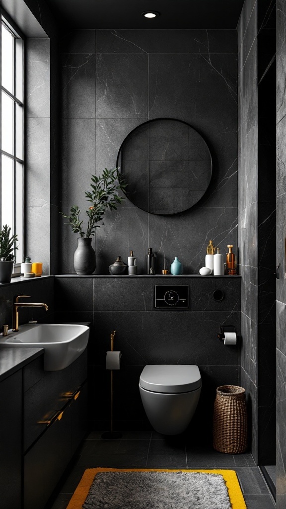 A modern black and grey bathroom with bright accents including a yellow rug and colorful decor