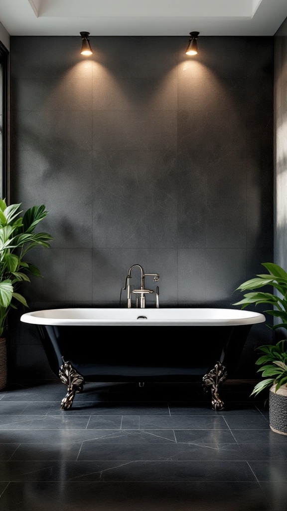 A sleek black bathtub with silver claw feet, surrounded by dark walls and greenery.