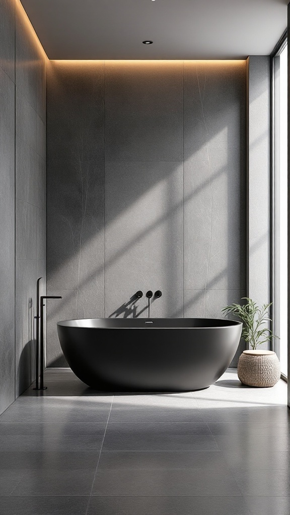 A stylish black freestanding bathtub in a modern grey bathroom