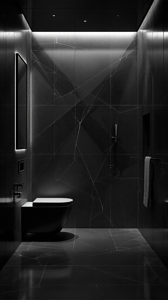 A modern black and grey bathroom featuring layered lighting effects.