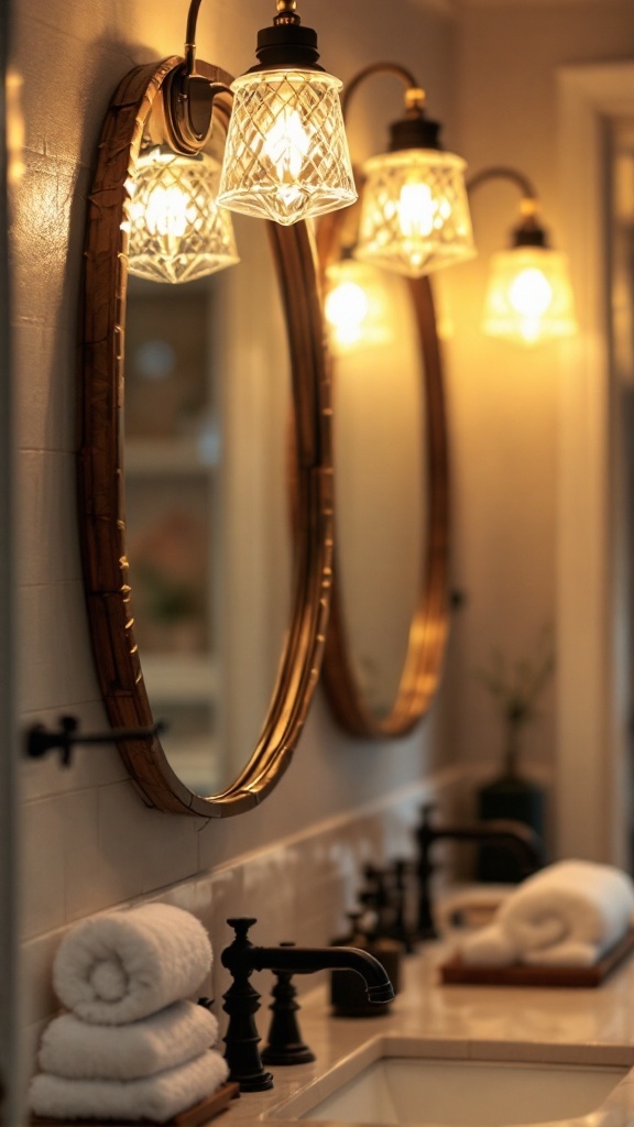 Bathroom with black fixtures and warm lighting showcasing elegant glass shades