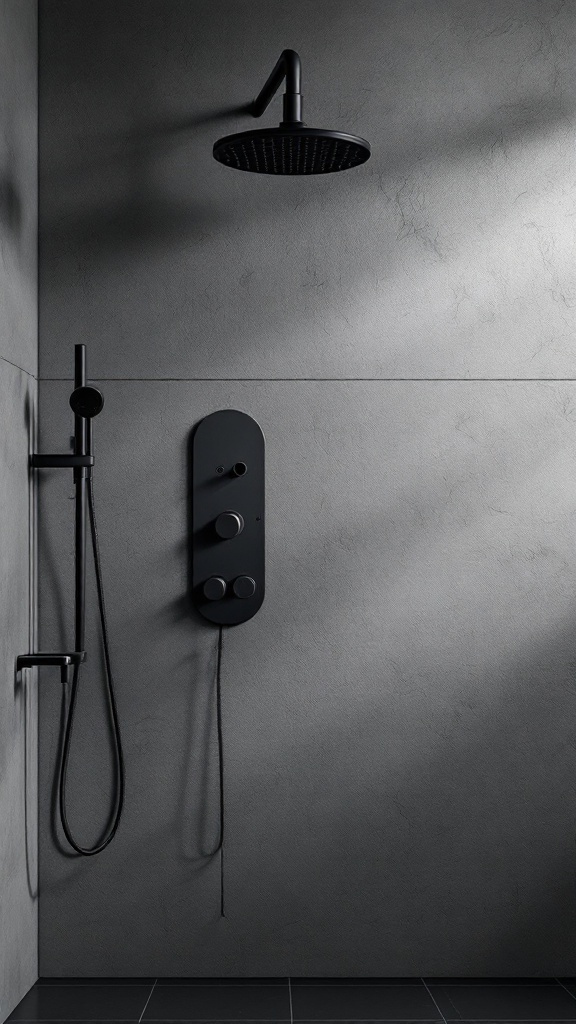 A modern shower with matte black fixtures against a grey wall