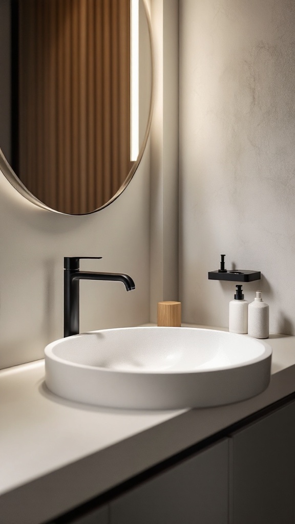 A modern bathroom sink with a black faucet, round mirror, and minimalist accessories.