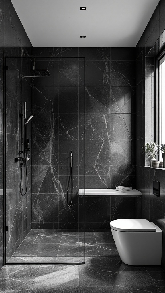 A modern black and grey bathroom featuring sleek monochrome tiles, a glass shower, and minimalistic fixtures.