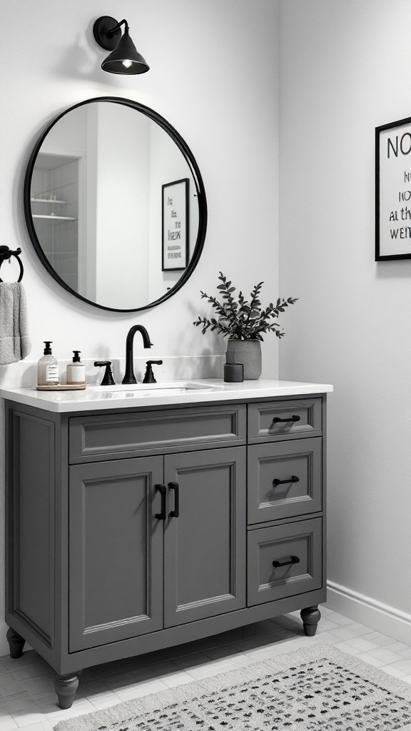 A stylish grey bathroom vanity with a round mirror, black accents, and a potted plant.