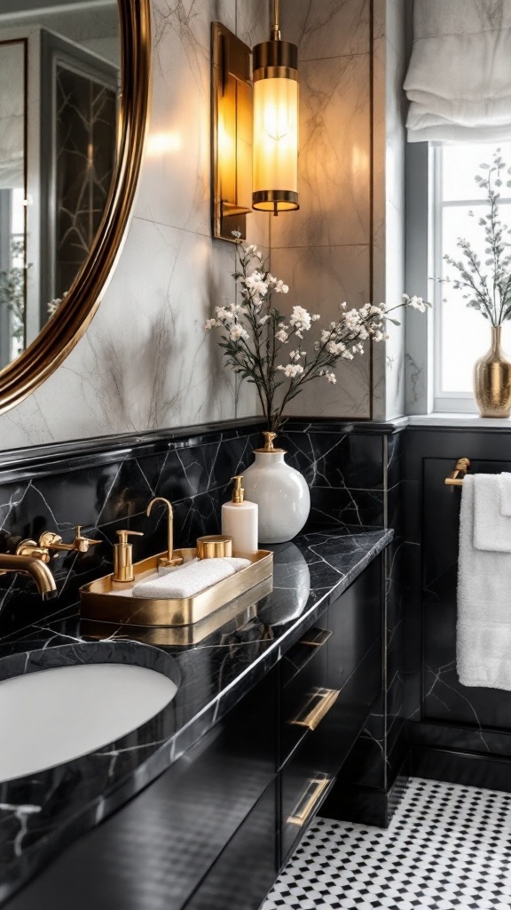 Elegant bathroom featuring black fixtures with gold accents and stylish accessories.