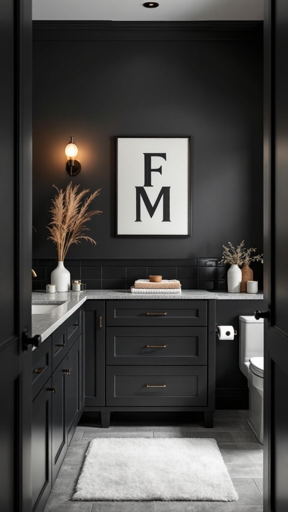 A stylish black cabinet bathroom with modern decor