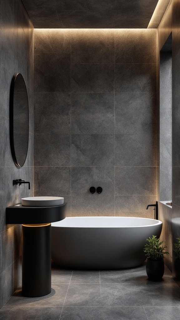 A modern bathroom featuring textured grey walls, a white bathtub, and a stylish sink with warm lighting.