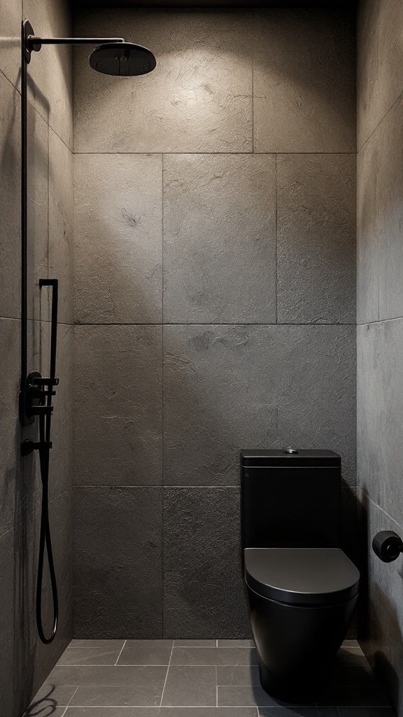 A modern bathroom featuring textured gray walls and sleek black fixtures.