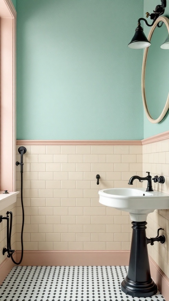 Vintage bathroom with black fixtures, mint green walls, and patterned floor tiles