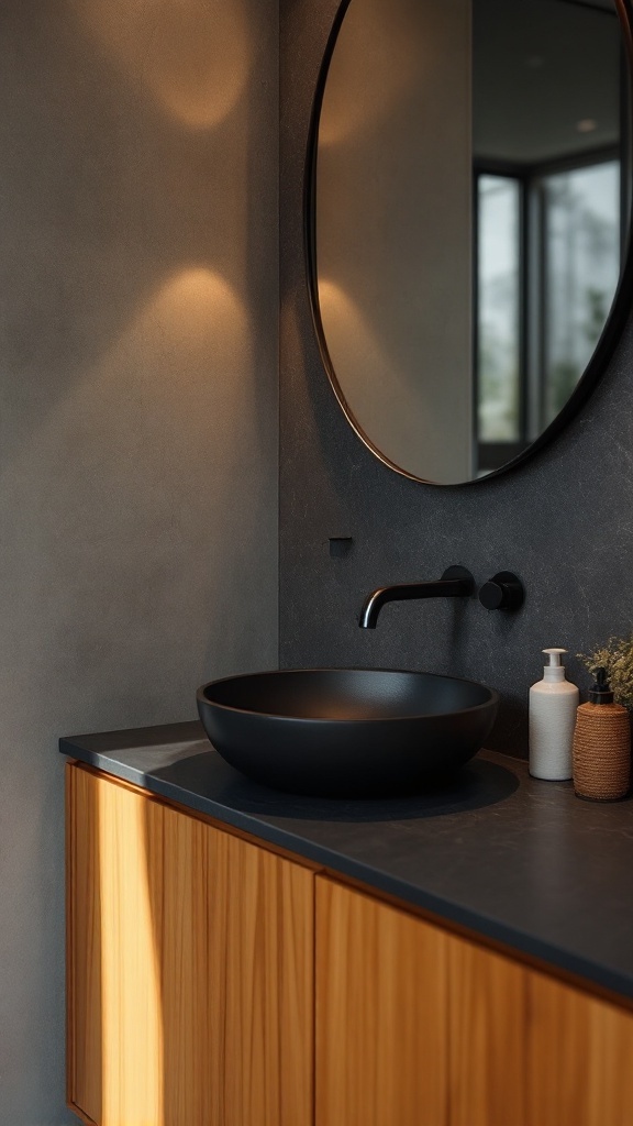 A stylish bathroom featuring warm wood cabinetry and a black sink with a round mirror.