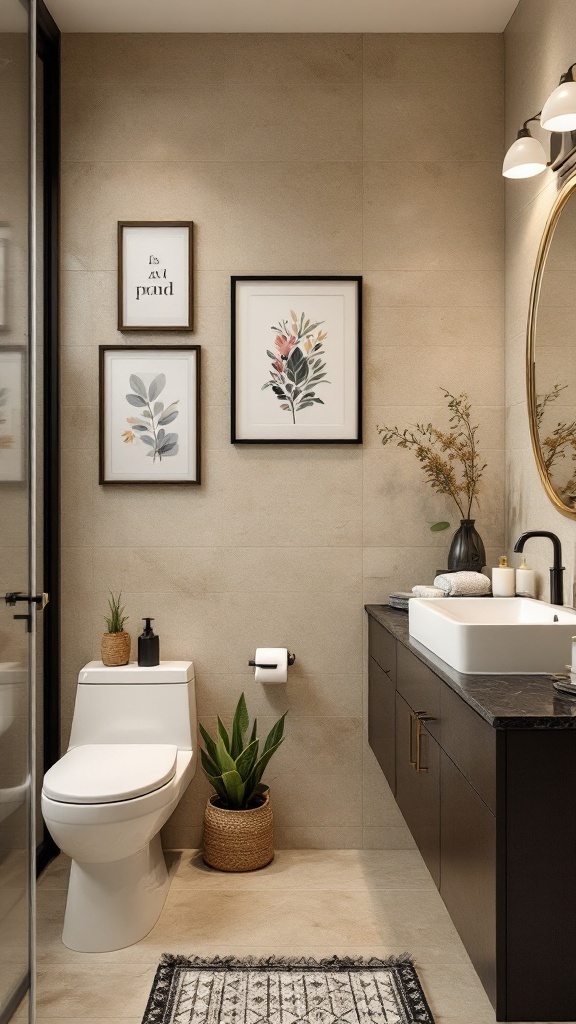 A beige and black bathroom featuring framed botanical artwork, plants, and stylish decor.
