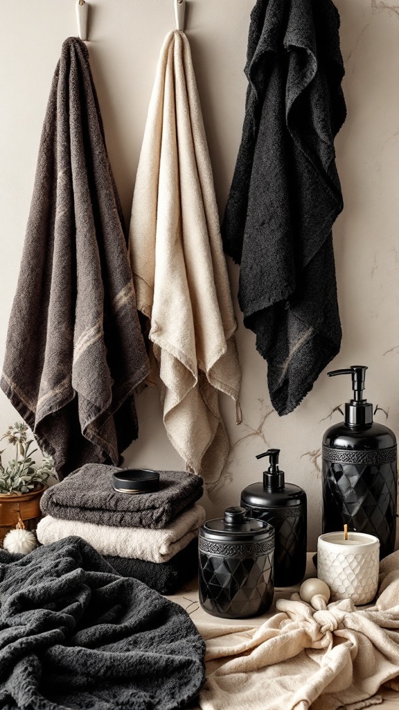 A beautifully arranged beige and black bathroom with towels hanging, chic black containers, and decorative elements.