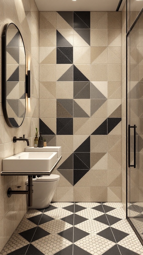 A modern beige and black bathroom featuring creative tile patterns on the walls and floor.