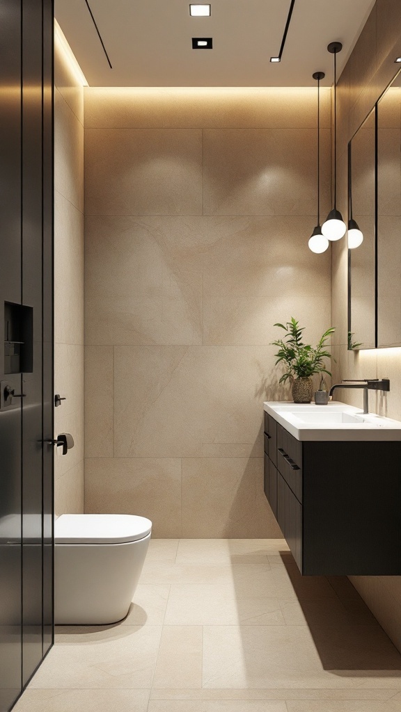 Elegant bathroom featuring a beige and black color scheme with modern fixtures