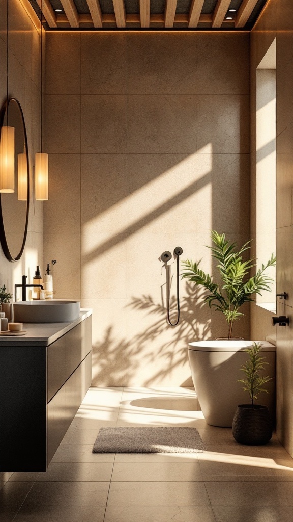 A cozy beige and black bathroom with pendant and recessed lighting, showcasing a modern design with natural elements.