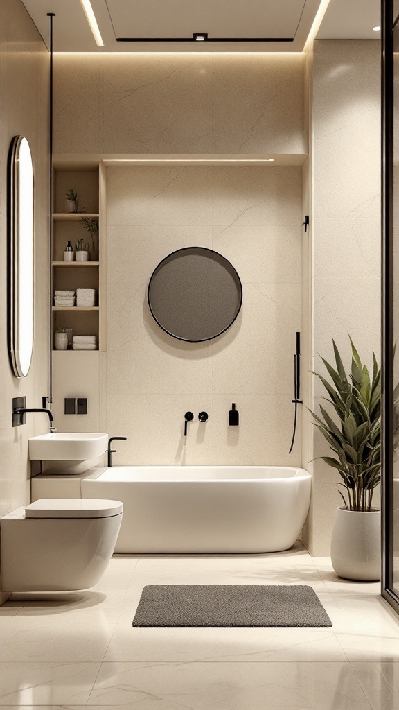 A modern beige and black bathroom featuring a sleek bathtub, minimalistic decor, and stylish fixtures.