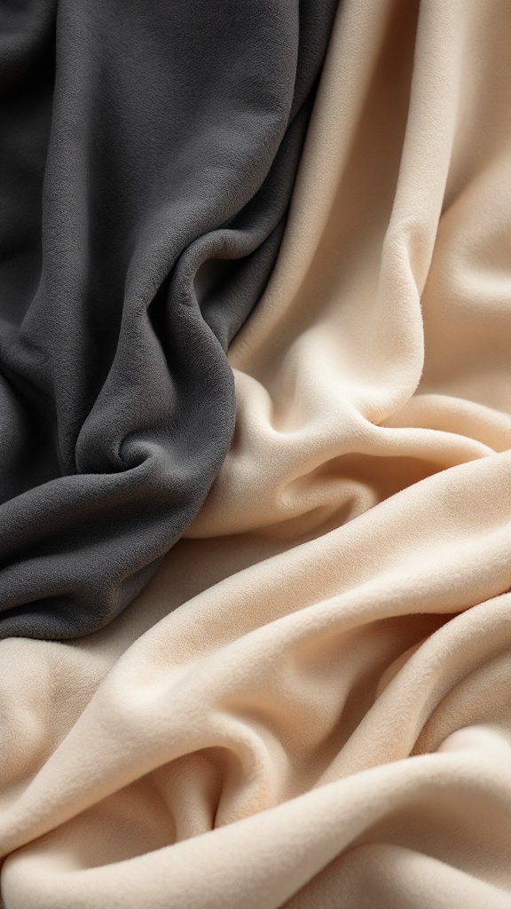 A close-up of beige and black fabric textures showcasing their softness and flow.