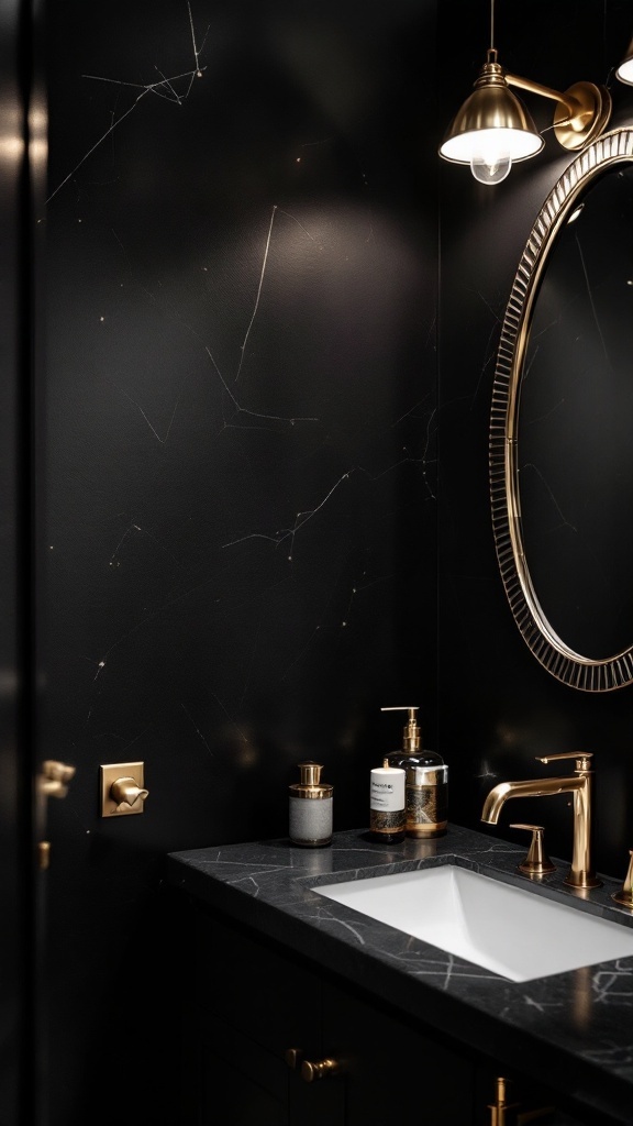 A black accent wall bathroom featuring gold metallic accents, including a mirror, light fixture, and faucet.