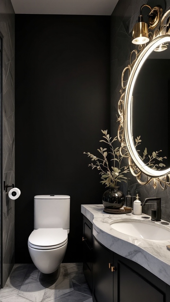 A bathroom with a black accent wall featuring an ornate round mirror and stylish decor.