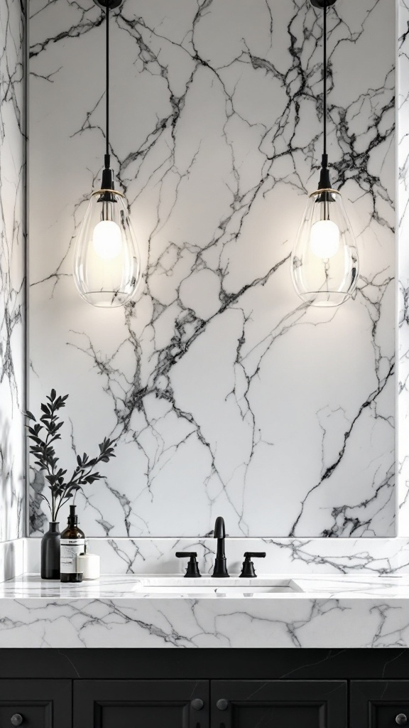 Stylish pendant lights above a marble sink in a modern bathroom