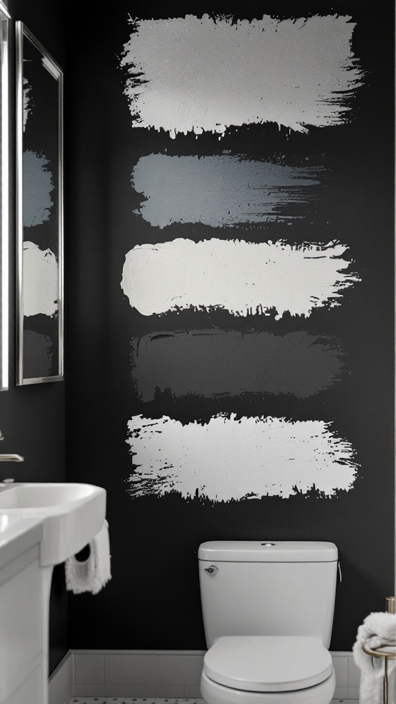 A bathroom with a black accent wall showing various paint color swatches