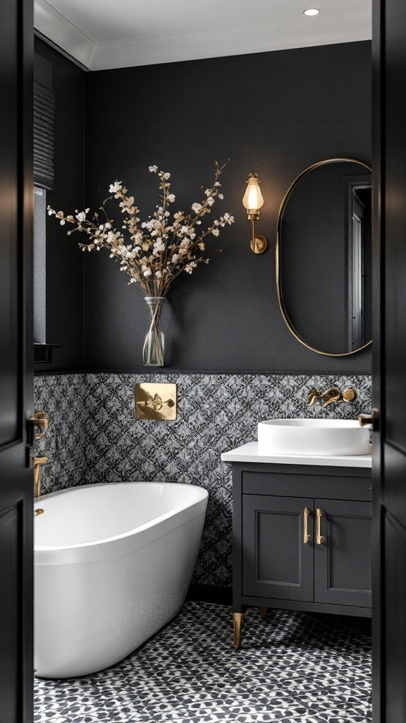 A stylish bathroom featuring a black accent wall, patterned floor tiles, a white bathtub, and gold fixtures.