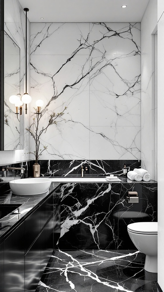 A black and white marble bathroom featuring contrasting elements of light and dark.