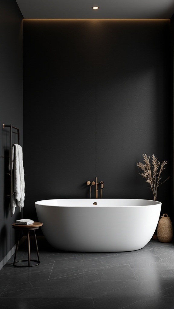 A modern bathroom featuring a black accent wall, a freestanding white bathtub, and natural decor.