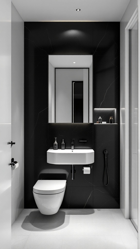 A modern bathroom featuring a black accent wall with white fixtures including a toilet and sink.