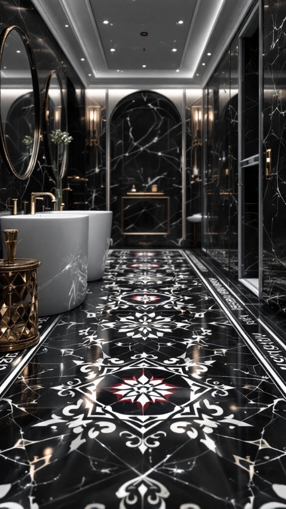 A luxurious black and white marble bathroom featuring intricate tile patterns on the floor, black marble walls, and elegant fixtures.