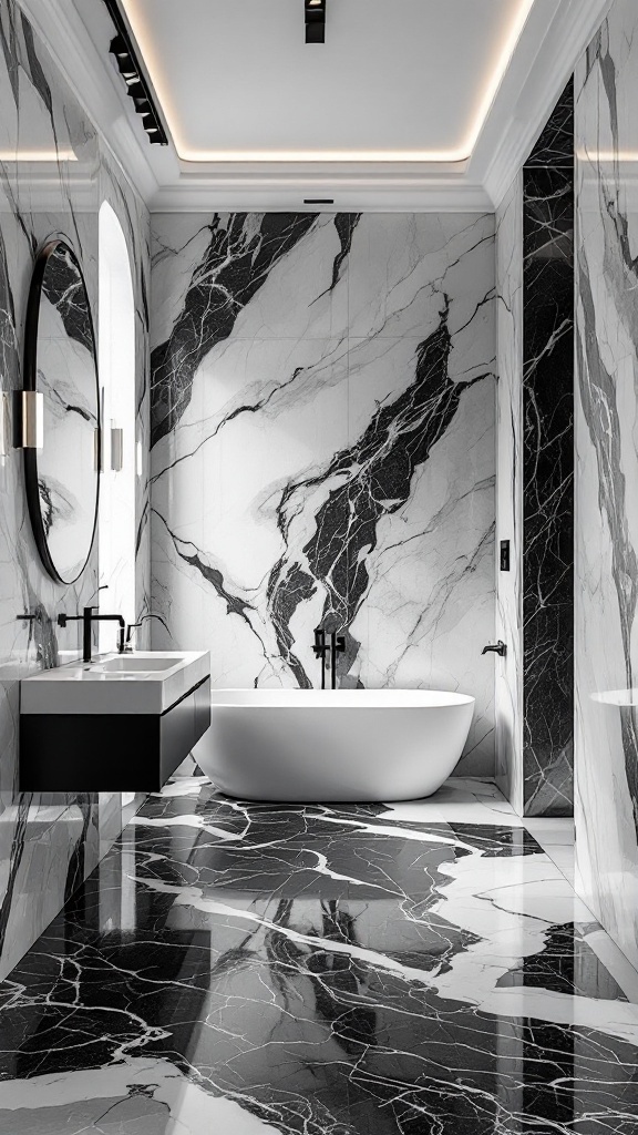 A modern bathroom featuring floor-to-ceiling black and white marble walls, a freestanding bathtub, and sleek fixtures.