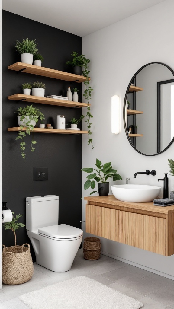 A modern bathroom featuring a black accent wall, wooden shelves with plants, and a wooden vanity.