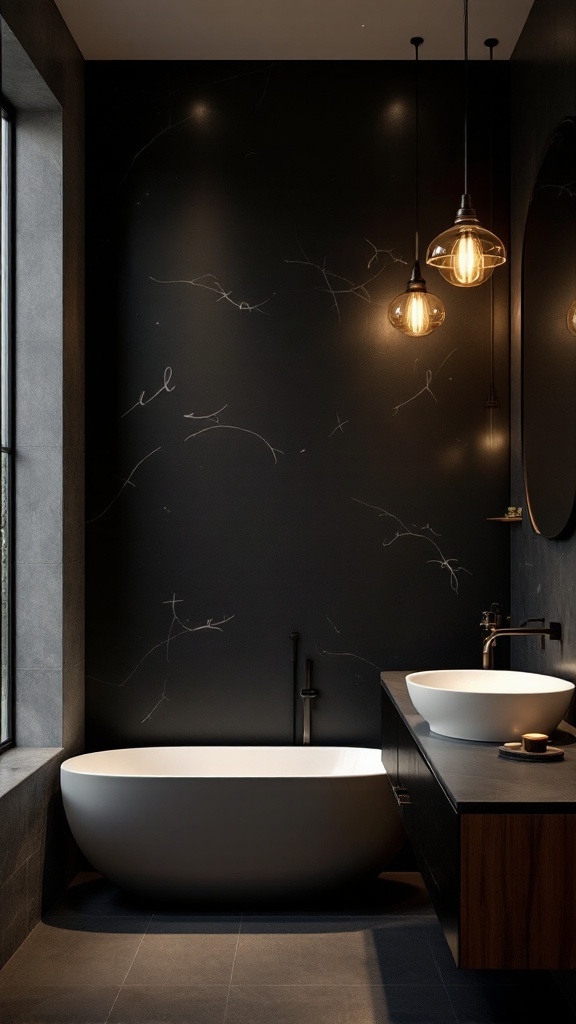 A modern bathroom featuring a black accent wall, stylish lighting, and a sleek bathtub.