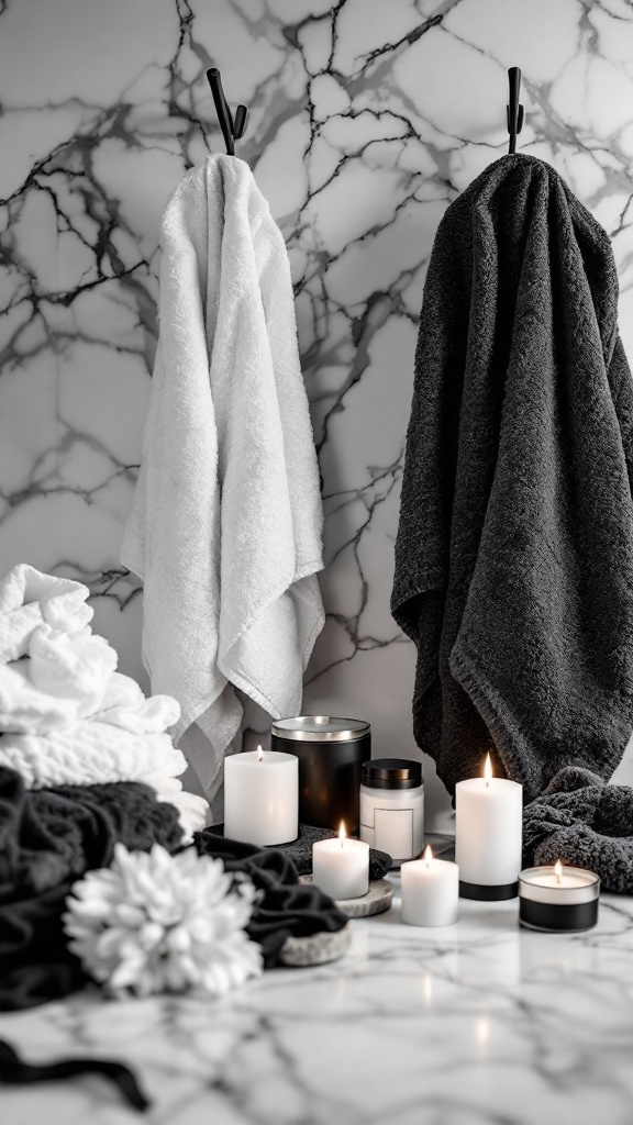 Black and white marble bathroom featuring towels and candles.