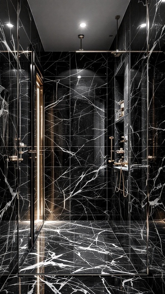 A luxurious bathroom shower featuring black and white marble walls and stylish fixtures.