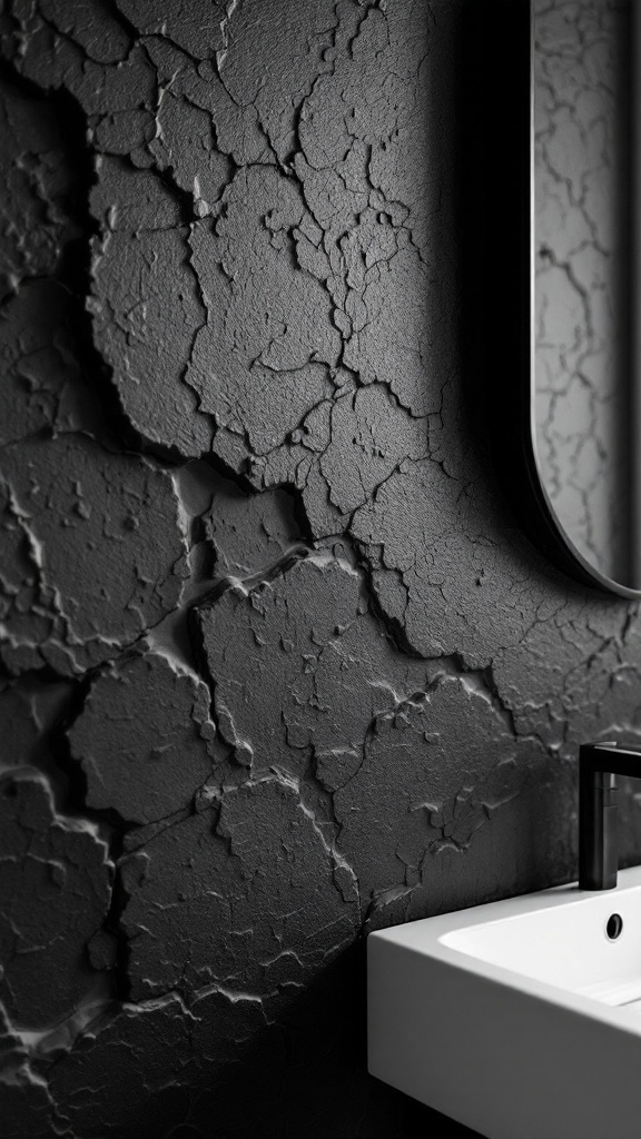 Textured black accent wall in a bathroom with a white sink