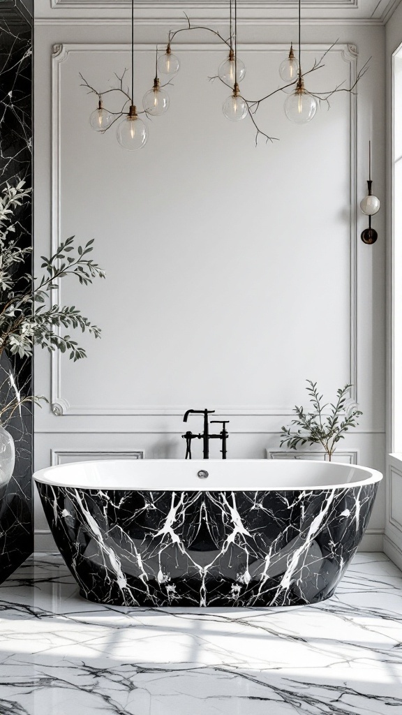 A luxurious black and white marble bathroom featuring a stunning marble bathtub, elegant lighting, and greenery.